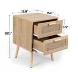RichYa 2 Pcs Rattan Nightstand, Night Stand with 2 Drawers and Solid Wood Legs, Side Table with Storage for Bedroom, End Table for Kids Room