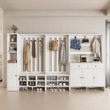 RichYa 65"H Hall Tree with Bench & Shoe Storage,Freestanding Coat Rack with Shoe Cabinets for Entryway, Living Room, White(A)