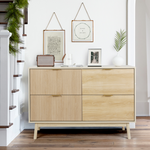 RichYa Fluted Wood Dresser for Bedroom,4-Drawer Dresser with Gold Handle & Tapered Legs Design,Modern TV Stands for Living Room Hallway,Natural Oak