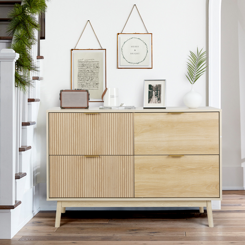 RichYa Fluted Wood Dresser for Bedroom,4-Drawer Dresser with Gold Handle & Tapered Legs Design,Modern TV Stands for Living Room Hallway,Natural Oak