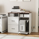 Richya File Cabinet with Charging Station, Printer Stand with Rolling Paper Shredder Stand, Wooden 2 Drawer Filing Cabinet with Open Storage Shelf for Home Office, White