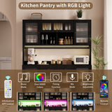 RichYa 64.4''H Kitchen Pantry Cabinet with RGB LED Light,2 Drawers Hutch Buffet Storage Cabinet with Glass Doors & Adjustable Shelves for Dining Room,White
