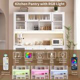 RichYa 64.4''H Kitchen Pantry Cabinet with RGB LED Light,2 Drawers Hutch Buffet Storage Cabinet with Glass Doors & Adjustable Shelves for Dining Room,White