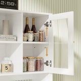 RichYa 59.1"W Large Kitchen Pantry Hutch Cabinet, Tall Coffee Bar Storage Cabinet with 6 Glass Doors, 3 Drawers & Microwave Shelf, Freestanding Cupboard with Large Countertop,White