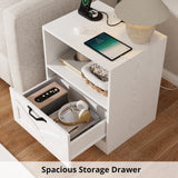 RichYa White Nightstand with Drawer and Charging Station, Farmhouse End Table with Open Shelf and Metal Handle, Side Table for Bedroom