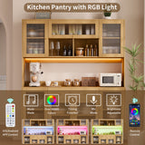 RichYa 64.4''H Kitchen Pantry Cabinet with RGB LED Light,2 Drawers Hutch Buffet Storage Cabinet with Glass Doors & Adjustable Shelves for Dining Room,White