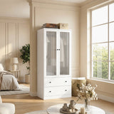 Richya Armoire Wardrobe Closet with 2 Drawers,Clothes Storage Cabinet with Hanging Rod,Closet Organizer for Bedroom,White(A)