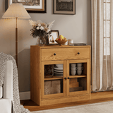 RichYa 31.5W Kitchen Credenza & Sideboard,Buffet Cabinet with Drawer & 2 Glass Doors,Coffee Bar for Dining Room,White