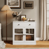 RichYa 31.5W Kitchen Credenza & Sideboard,Buffet Cabinet with Drawer & 2 Glass Doors,Coffee Bar for Dining Room,White