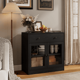 RichYa 31.5W Kitchen Credenza & Sideboard,Buffet Cabinet with Drawer & 2 Glass Doors,Coffee Bar for Dining Room,White