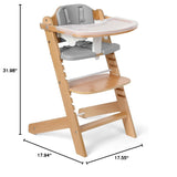 Cowiewie Wooden High Chair with 3 Tray, Toddler Feeding High Chair, 8 Height Adjustments, with Gray Cushion and Harness