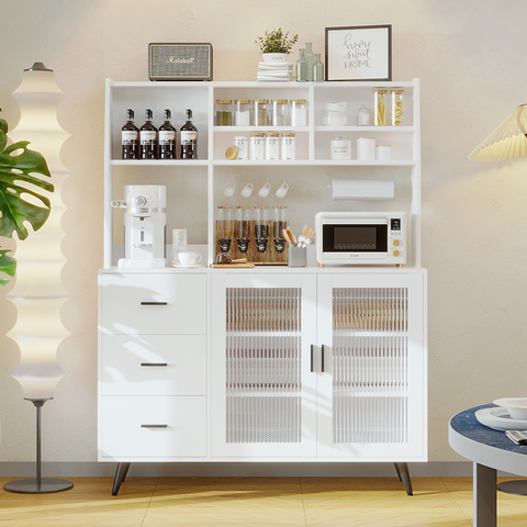 RichYa 59.6"H Kitchen Pantry Cabinet with Countertop & Tapered Legs,Freestanding Hutch Storage Cabinet with Glass Door & Adjustable Shelves for Dining Room,White