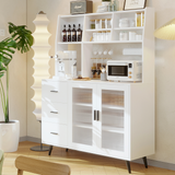 RichYa 59.6"H Kitchen Pantry Cabinet with Countertop & Tapered Legs,Freestanding Hutch Storage Cabinet with Glass Door & Adjustable Shelves for Dining Room,White
