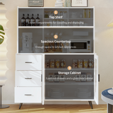 RichYa 59.6"H Kitchen Pantry Cabinet with Countertop & Tapered Legs,Freestanding Hutch Storage Cabinet with Glass Door & Adjustable Shelves for Dining Room,White