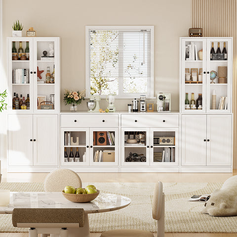RichYa 4Pcs Kitchen Pantry Storage Cabinet,Modular Furniture Cabinets with Diplay Glass Doors,Hutch Buffet Cabinet with Drawers for Dining Room,White