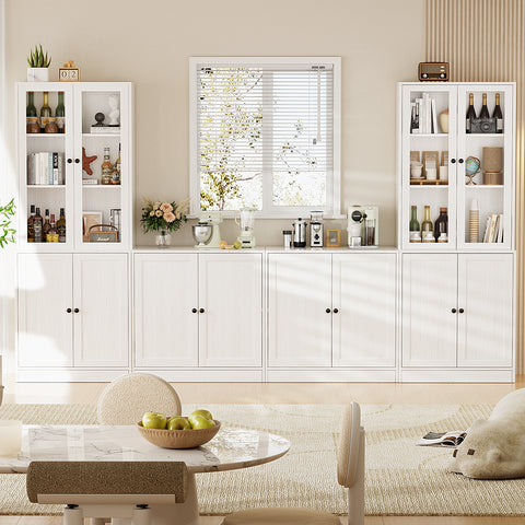 RichYa 4Pcs Kitchen Pantry Storage Cabinet,Modular Furniture Cabinets with Diplay Glass Doors,Hutch Buffet Cabinet with Shelves for Dining Room,White