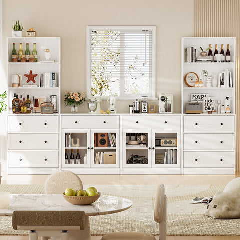 RichYa 4Pcs Kitchen Pantry Storage Cabinet,Modular Furniture Cabinets with Drawers,Hutch Buffet Cabinet with Diplay Glass Doors for Dining Room,White