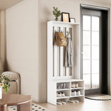 RichYa 65"H Hall Tree with Bench & Shoe Storage,Freestanding Coat Rack with Shoe Cabinets for Entryway, Living Room, White(A)