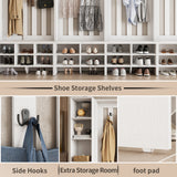 RichYa 65"H Hall Tree with Bench & Shoe Storage,Freestanding Coat Rack with Shoe Cabinets for Entryway, Living Room, White(A)