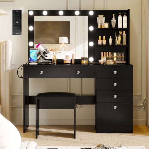 2 Piece Makeup 3 Color LED Lighting Modes Desk, Mirror and Stool Table Set, Black