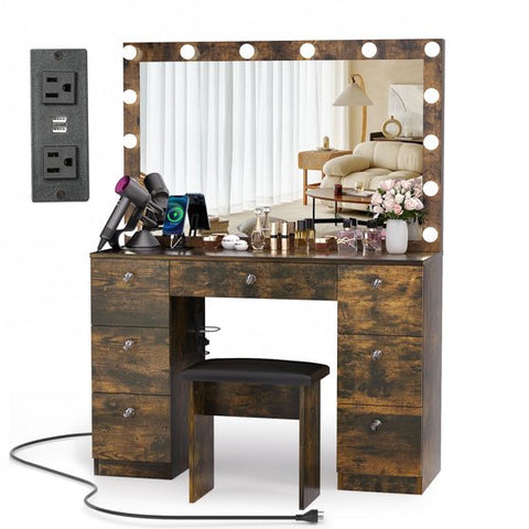 Farmhouse Makeup Vanity Desk with 3 Color Lighted Mirror & Power Outlet and 7 Drawers & Stool,Rustic Brown