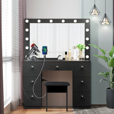 Modern Makeup Vanity Desk Sets with Lights and Mirror,Makeup Table with Stool for Bedroom, Black