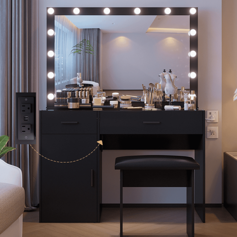 Modern Makeup Vanity Desk Glass Table Top with Mirror and Lights Power Strip LED Bulbs Black