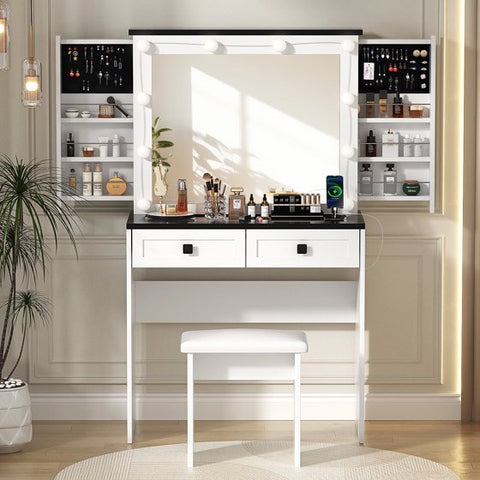 Makeup Vanity Desk Table Set With 2 Sliding Hidden Drawers And Large Lighted Mirror, 10 LED Bulbs,Come With Stool,White