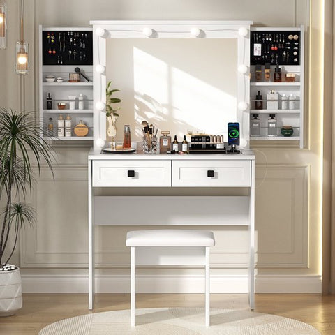 Makeup Vanity Desk Table Set With 2 Sliding Hidden Drawers And Large Lighted Mirror,Come With Stool