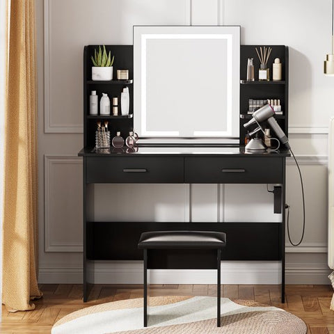 Modern Makeup Vanity Desk with Glass Top,Lighted Mirror,2 Drawers,6 Storage Shelves and Cushioned Stool,Black