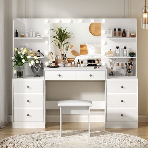 Modern Makeup Vanity Desk with Lighted Mirror and Sturdy Stool,Makeup Table Sets with Drawers and Shelves