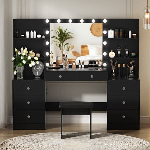 Modern Makeup Vanity Desk with Lighted Mirror and Sturdy Stool,Makeup Table Sets with Drawers and Shelves