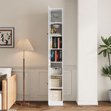 RichYa 85.5"H Tall Narrow Bookcase,7-Tier White Bookshelf with 2 Glass Doors, 11.81" W Modern Sturdy Book Shelf with Storage for Living Room,Office(D)