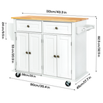 TUSY 43" Kitchen Island with Storage, Rolling Kitchen Cart with Lockable Wheels, Solid Wood Tabletop Kitchen Island Table for Kitchen, Living Room, White