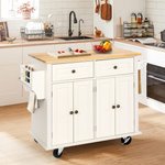 TUSY 43" Kitchen Island with Storage, Rolling Kitchen Cart with Lockable Wheels, Solid Wood Tabletop Kitchen Island Table for Kitchen, Living Room, White