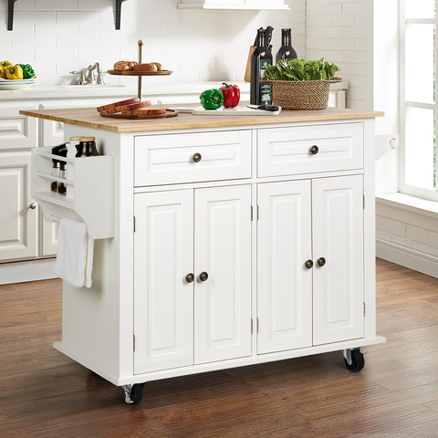 RichYa Kitchen Islands with Storage, Rolling Kitchen Cart with Drop Leaf and Lockable Wheels, Microwave Island Table for Kitchen, Living Room, White