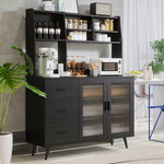 RichYa 59.6"H Kitchen Pantry Cabinet with Countertop & Tapered Legs,Freestanding Hutch Storage Cabinet with Glass Door & Adjustable Shelves for Dining Room,Black
