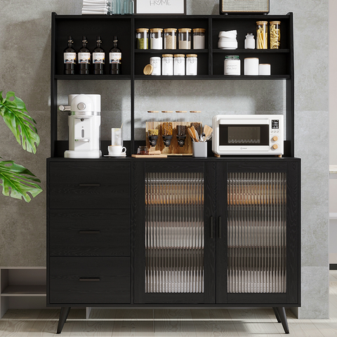 RichYa 59.6"H Kitchen Pantry Cabinet with Countertop & Tapered Legs,Freestanding Hutch Storage Cabinet with Glass Door & Adjustable Shelves for Dining Room,Black