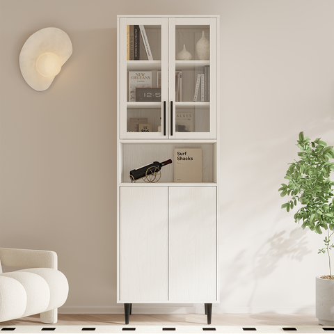 RichYa 71"H Tall Bookcase with Glass Door,4 Doors Display Bookshelf with Metal Legs,6 Tier Storage Cabinets for Living Room,Home Office,White