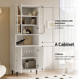 RichYa 71"H Tall Bookcase with Glass Door,4 Doors Display Bookshelf with Metal Legs,6 Tier Storage Cabinets for Living Room,Home Office,White