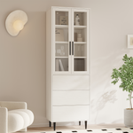 RichYa 71"H Tall Bookcase with Glass Door,4 Doors Display Bookshelf with Metal Legs,6 Tier Storage Cabinets for Living Room,Home Office,White