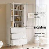 RichYa 71"H Tall Bookcase with Glass Door,4 Doors Display Bookshelf with Metal Legs,6 Tier Storage Cabinets for Living Room,Home Office,White
