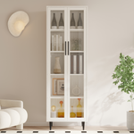 RichYa 71"H Tall Bookcase with Glass Door,4 Doors Display Bookshelf with Metal Legs,6 Tier Storage Cabinets for Living Room,Home Office,White