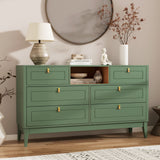 RichYa White Dresser for Bedroom, 6 Drawer Dresser with Open Storage Shelf and Genuine Leather Pull Handles, Modern Chest of Drawers