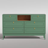 RichYa White Dresser for Bedroom, 6 Drawer Dresser with Open Storage Shelf and Genuine Leather Pull Handles, Modern Chest of Drawers