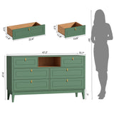RichYa White Dresser for Bedroom, 6 Drawer Dresser with Open Storage Shelf and Genuine Leather Pull Handles, Modern Chest of Drawers