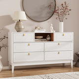 RichYa White Dresser for Bedroom, 6 Drawer Dresser with Open Storage Shelf and Genuine Leather Pull Handles, Modern Chest of Drawers
