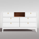 RichYa White Dresser for Bedroom, 6 Drawer Dresser with Open Storage Shelf and Genuine Leather Pull Handles, Modern Chest of Drawers