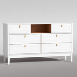 RichYa White Dresser for Bedroom, 6 Drawer Dresser with Open Storage Shelf and Genuine Leather Pull Handles, Modern Chest of Drawers