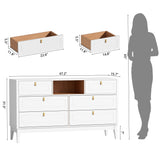 RichYa White Dresser for Bedroom, 6 Drawer Dresser with Open Storage Shelf and Genuine Leather Pull Handles, Modern Chest of Drawers